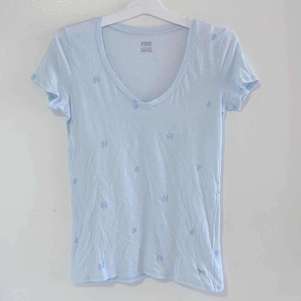 PINK Victoria’s Secret | Women’s Logo T-shirt V-neck Super Soft Light Blue XS